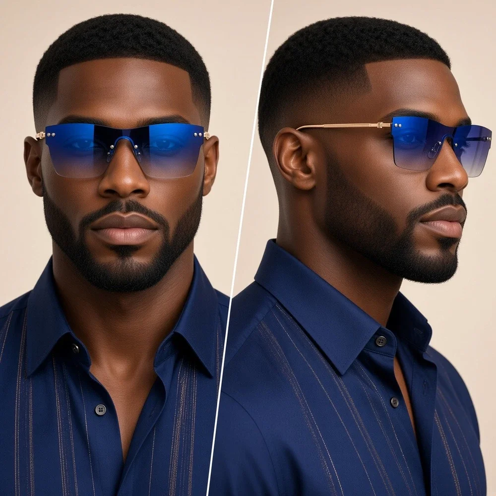 Mens Rimless Shield Sunglasses Blue Gradient Gold Metal Frame Oversized Square